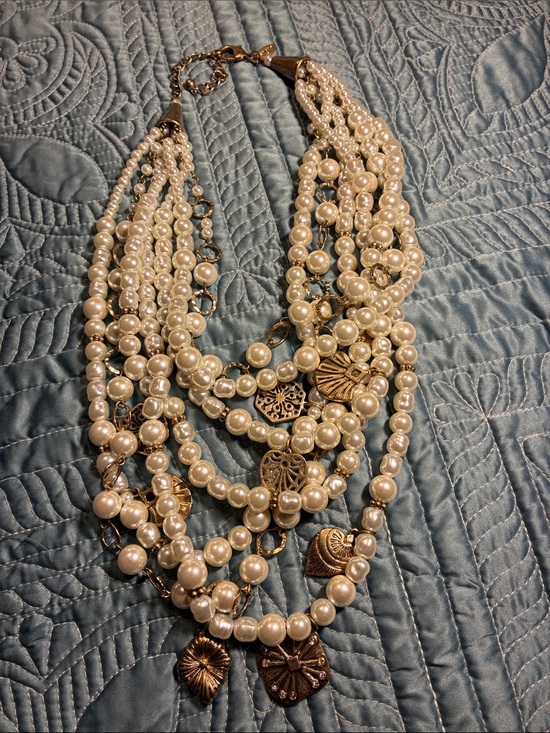 Chico's Jewelry - Chicos Multi-Strand Ivory Pearl Statement Necklace with Gold Accents